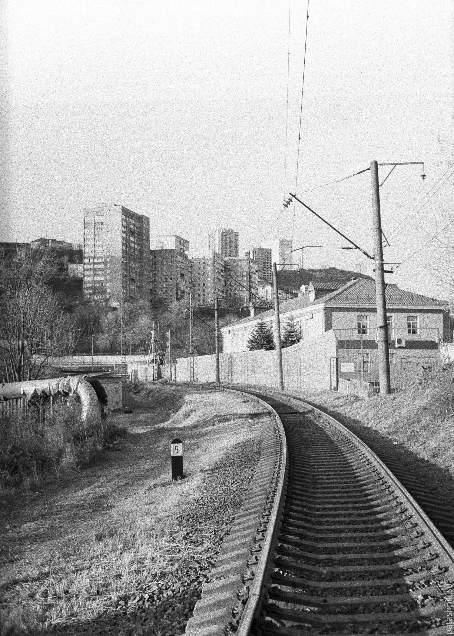 Railroad tracks and some buildings